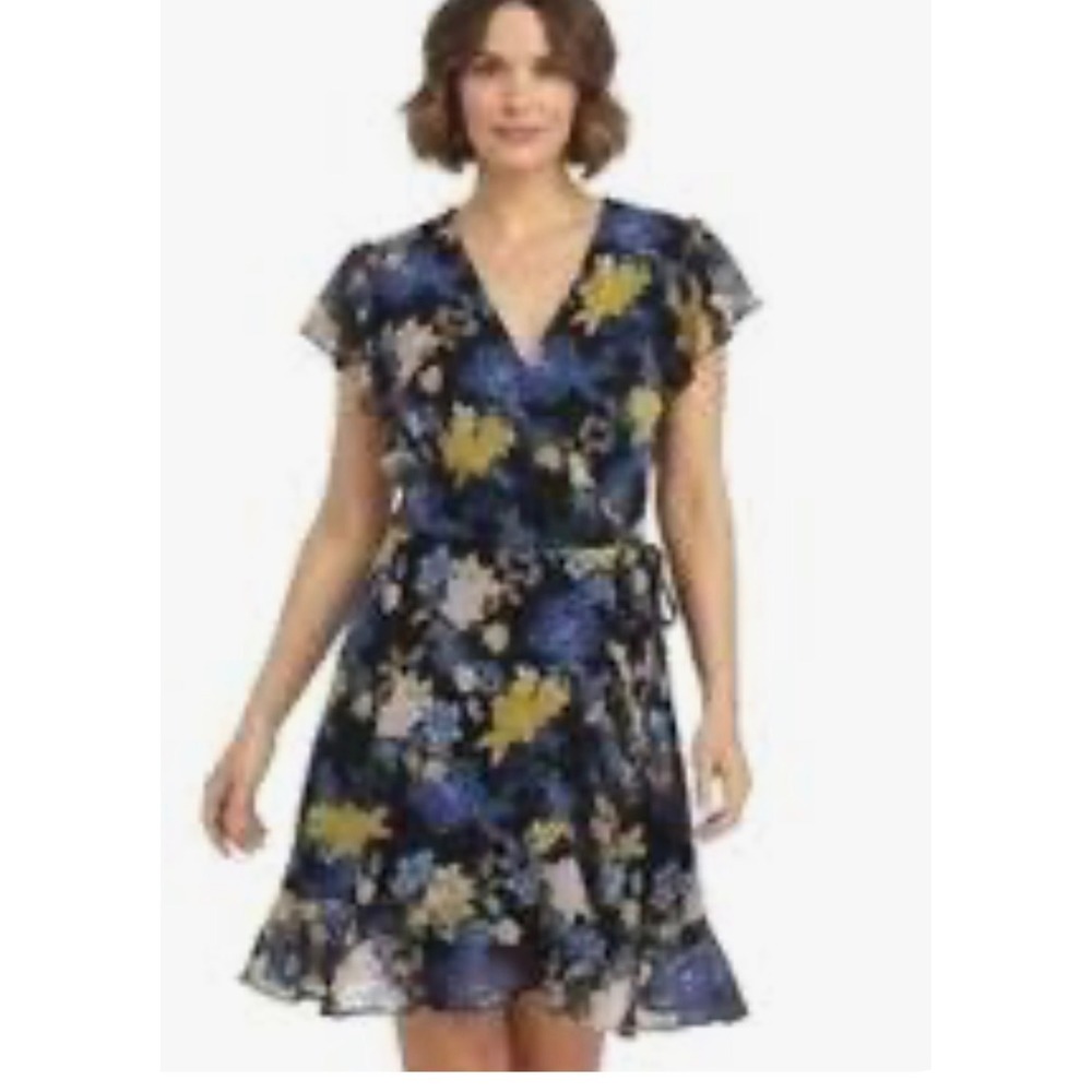 Banana Republic Floral Wrap Dress Navy Blue Yellow Ruffle Flutter Sleeve Size 4
